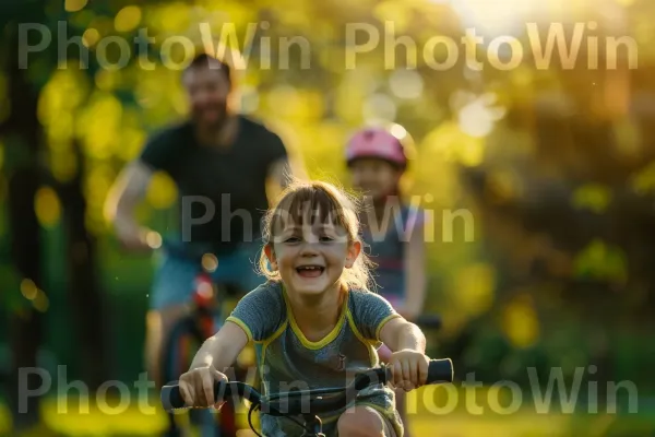 משפחתית מאושרת רוכבת יחד על אופניים, מקדמת כושר משפחתי. צמיג, אנשים בטבע, אופניים