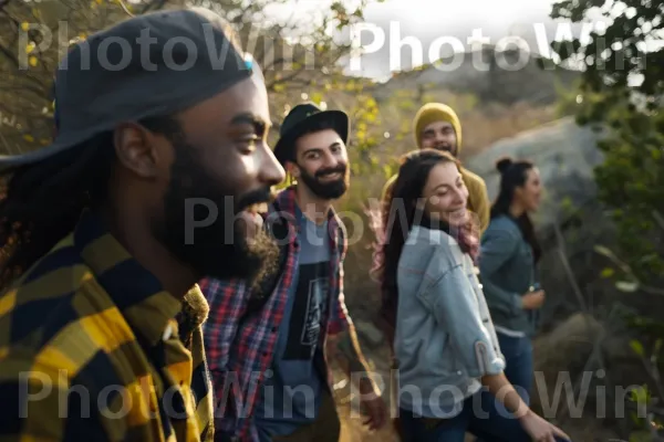 קבוצת חברים מטיילת בסביבה הררית ציורית. צמח, טרטן, עֵץ