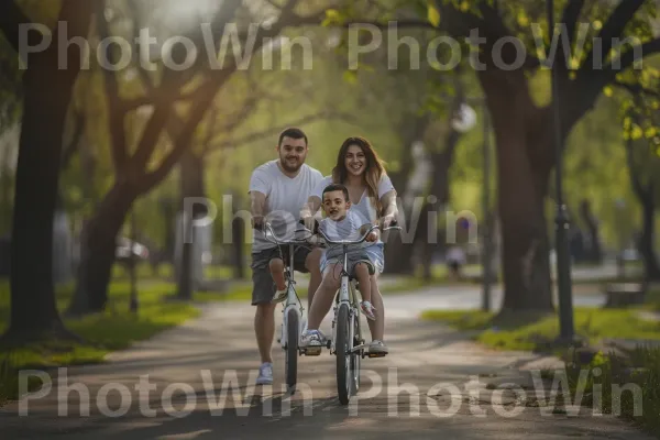 משפחתית מאושרת רוכבת יחד על אופניים, מקדמת כושר משפחתי. צמח, עֵץ, אנשים בטבע