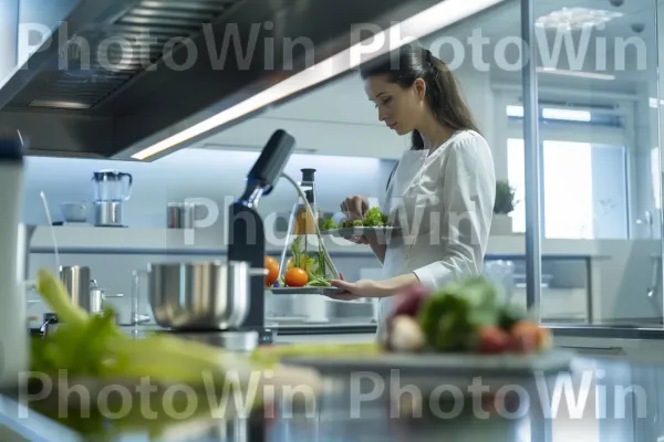 תזונאית מכינה ארוחה מאוזנת במטבח מודרני. כלי שולחן, מזון, מִטְבָּח