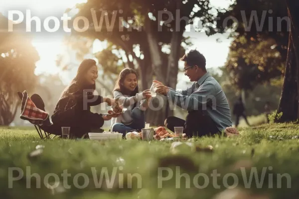 משפחה מאושרת נהנית מפיקניק בפארק. מכנסיים, צילום פלאש, דֶשֶׁא