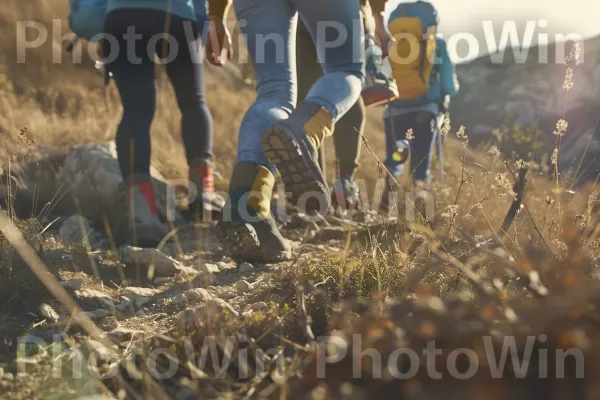 קבוצת חברים מטיילת בנוף הררי ציורי. צמח, אנשים בטבע, דֶשֶׁא