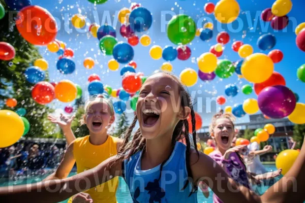 ילדה שובבה בת 10 מנהלת מאבק בבלוני מים עם חברים. עוֹלָם, בַּלוֹן, מחווה