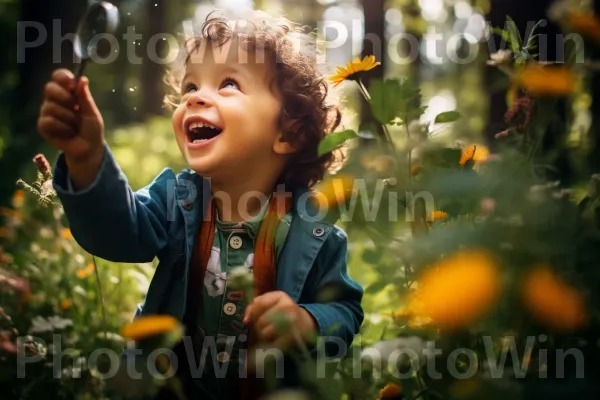 ילד שמח בן שנתיים חוקר את הטבע ומגלה פלאים חדשים. רֹאשׁ, תסרוקת, עַיִן