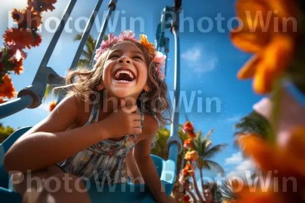 ילדה בת 6 עם צמות מתנדנדת בשמחה בנדנדה במגרש משחקים. חיוך, אנשים בטבע, צמח