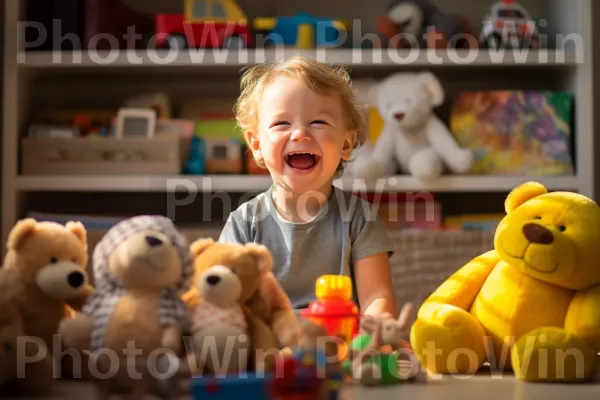 ילד מקסים בן שנתיים משחק עם המפוחלץ האהוב עליו. רֹאשׁ, עור, בַּעֲלֵי הַחוּלִיוֹת