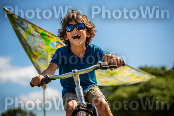 ילד בן 10 חסר דאגות רוכב על אופניו עם חיוך רחב על פניו. משקפיים, כידון אופניים, צמיג אופניים