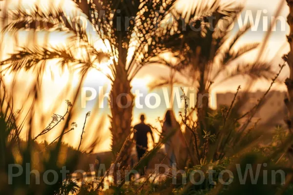 עצי דקל מתנודדים נגד שקיעות זהובות בנתניה. אזור אקולוגי, אנשים בטבע, דקלאים