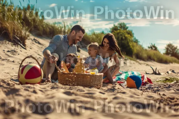 משפחתית חייכנית בפיקניק על חוף חולי. ענן, שָׁמַיִם, צמח