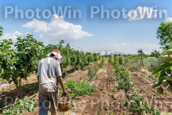 תמונה קלאסית של חקלאים ישראלים מטפלים במטעים בשנות ה-70. שָׁמַיִם, צמח, חַקלָאוּת