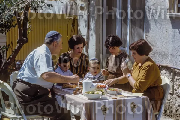 דיוקן משפחתי נצחי מישראל של שנות החמישים. שולחן, מִכְנָסַיִים קְצָרִים, כלי שולחן