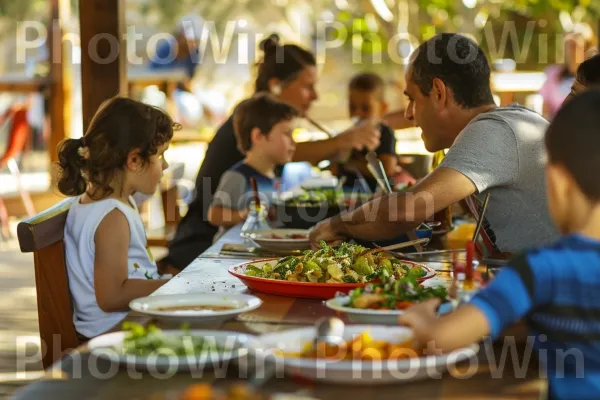 קהילת קיבוץ כפרית חולקת ארוחה משותפת. מזון, מִטְבָּח, צהוב