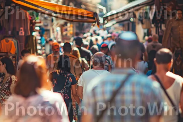 תמונה וינטג\' של רחובות שוקקים בירושלים. חוּלצָה, שְׁעוֹת הַיוֹם, כובע