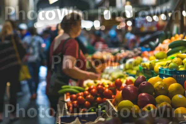 שוק הומה עם תוצרת טרייה ומוצרים בעבודת יד. פרי, יַרקָן, מזון מלא