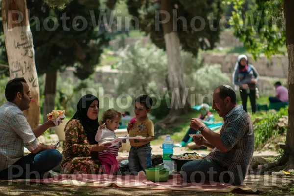 צילום רטרו של משפחות בפיקניק בפארק ירושלמי. ירוק, בית המקדש, שיתוף