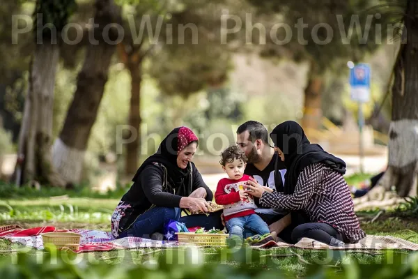 צילום רטרו של משפחות בפיקניק בפארק ירושלמי. גִ\'ינס, בּוֹטָנִיקָה, שַׂמֵחַ