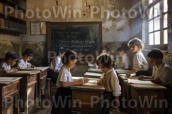 תלמידי בית ספר מיושנים בישראל של שנות החמישים. בִּניָן, שולחן כתיבה, מוסד אקדמי