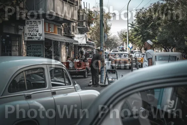 תמונה נוסטלגית של רחוב תל אביב השוקק בשנות ה-50. תַצלוּם, בִּניָן, לבן