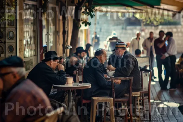 סצנת בתי קפה וינטג\' בירושלים שצולמה בשנות ה-50. רְהִיטִים, שולחן, עִיר