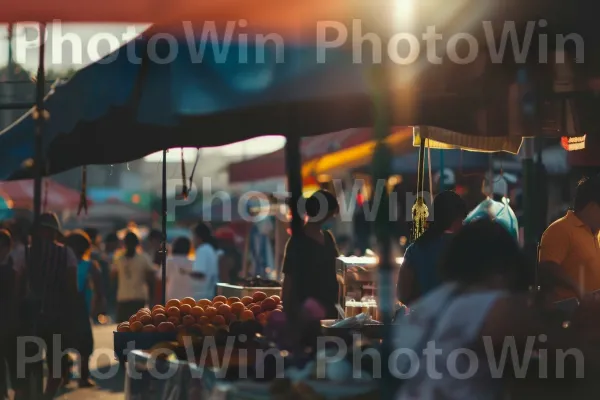 סצנת שוק רחוב תוססת עם דוכנים ואנשים צבעוניים. מוכר, שׁוּק, עִיר