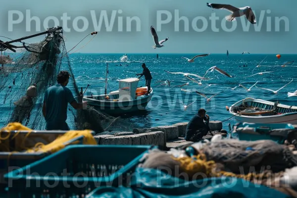 דייגים מקומיים מציגים את התפיסה היומית שלהם ליד הים. סִירָה, ציפור, כלי שיט