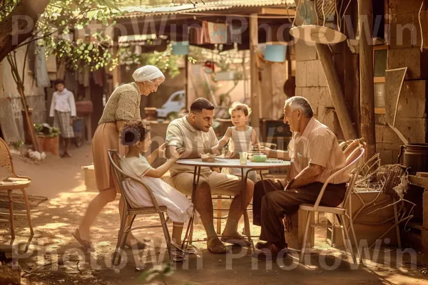 דיוקן משפחתי נצחי מישראל של שנות החמישים. שולחן, שולחן חיצוני, פְּנַאִי