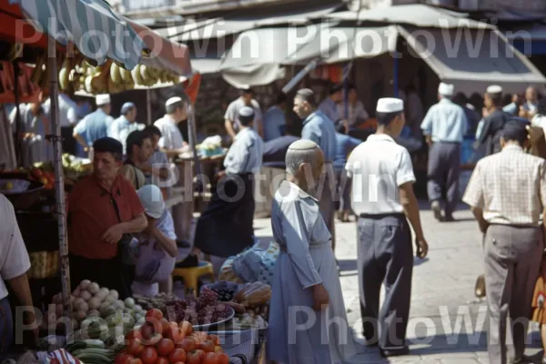 תמונה וינטג\' של רוכלי רחוב מוכרים תוצרת טרייה בחיפה. מזון, מוכר, מזונות טבעיים