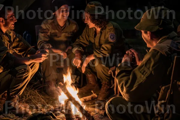 חיילים ישראלים התאספו סביב מדורה בשנות ה-70. נֶחָתִים, מכנסי מטען, כובע