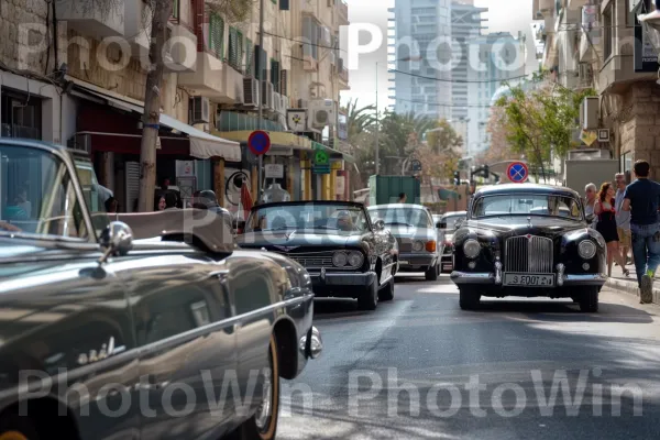 סצנת רחוב תל אביבית אייקונית עם מכוניות וינטג\' ואופנה. אוטו, צמיג, בִּניָן