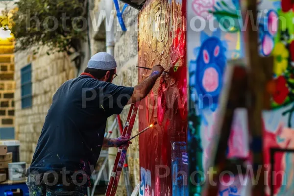 צילום נצחי של אמנים מציירים ברחובות צפת. צייר, טֶקסטִיל, בית המקדש