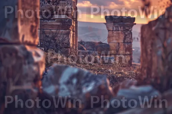 שקיעה מעל חורבות עתיקות באזור הכפרי. עוֹלָם, מים, נוף טבעי