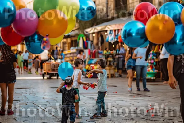 ילדי רטרו משחקים בכיכר יפו העתיקה. תַצלוּם, לבן, בַּלוֹן