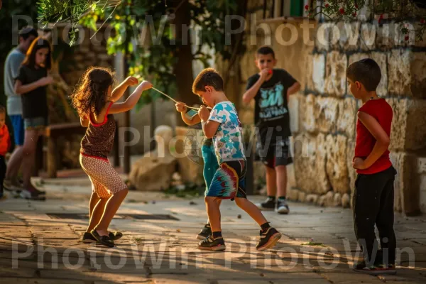 ילדים משחקים במשחקים מסורתיים בכפר ישראלי היסטורי. מִכְנָסַיִים קְצָרִים, בית המקדש, צמח