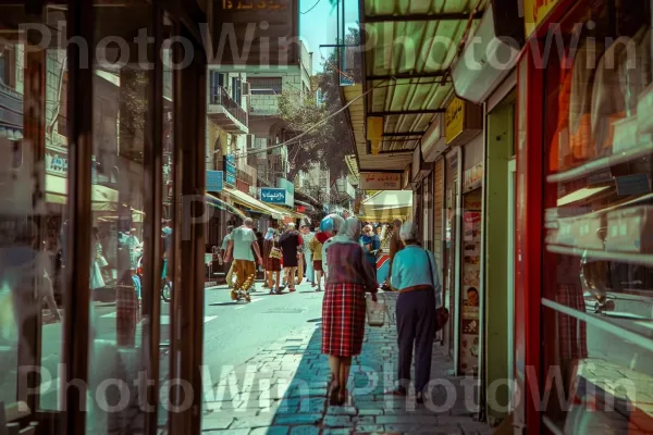 תמונת רטרו מציגה סצנת רחוב תוססת בישראל של שנות ה-60. חַלוֹן, שְׁכוּנָה, מֶטרוֹפּוֹלִין