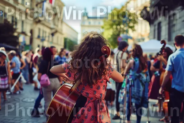 נגני רחוב מנגנים עם קהל של צופים מסוגננים. כלי נגינה, שמלה, תוֹף