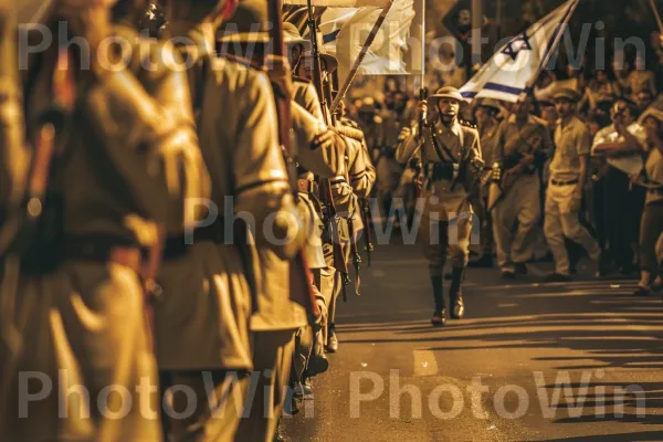 חיילי וינטג\' צועדים במצעד ברחובות ישראל. מדי צבא, דֶגֶל, מחווה