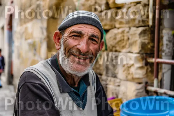 רוכלי שוק תוססים בעכו העתיקה התוססת. שיער פנים, שפם, כובע שטוח