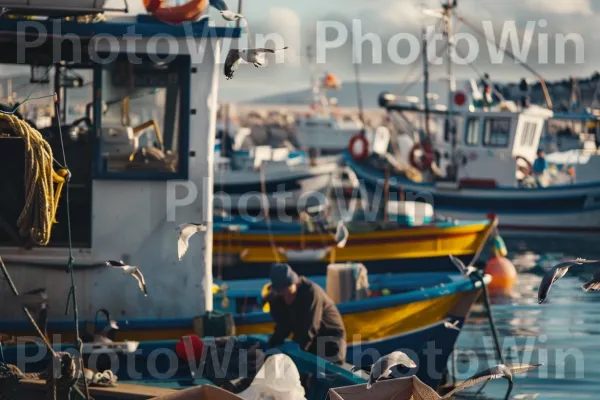 נמל שוקק מלא בסירות דייגים ומצופים צבעוניים. מים, סִירָה, ענן