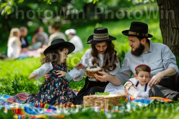 משפחה יהודית מסורתית נהנית מפיקניק בפארק. כובע, בּוֹטָנִיקָה, אנשים בטבע