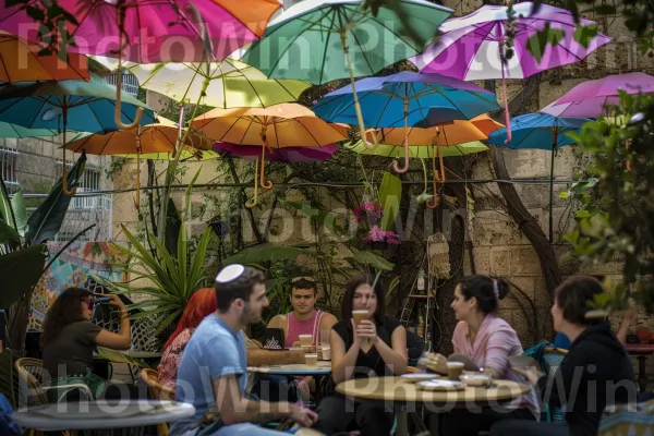 קבוצת חברים שותים קפה בבית קפה מוזר בישראל. שולחן, תַצלוּם, צהוב