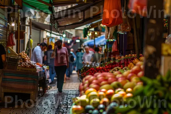 תמונה נצחית של שוק שוקק חיים ביפו. מזון, מוכר, פרי