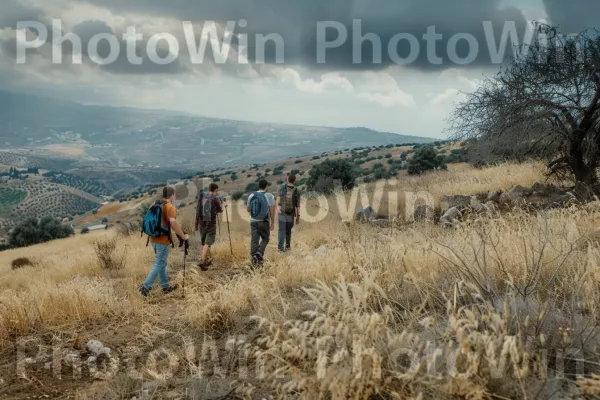 קבוצת חברים מטיילת בהרי רמת הגולן. שָׁמַיִם, צמח, עֵץ