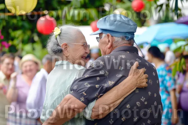 זוג מבוגרים רוקדים בחגיגה קהילתית ערה. כְּחוֹל, משקפיים, שַׂמֵחַ