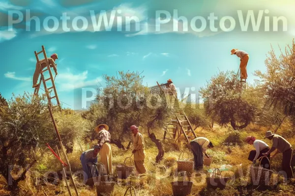 תמונה וינטג\' של חקלאים מסיק זיתים בגליל. שָׁמַיִם, צמח, סביבה טבעית