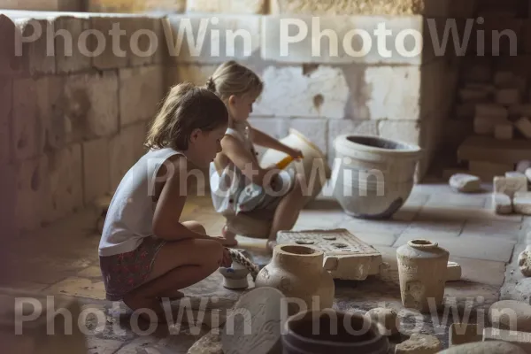 ילדים משחקים עם חפצים עתיקים במוזיאון ירושלים. אובניים, אומנות יצירתית, חומר בניין