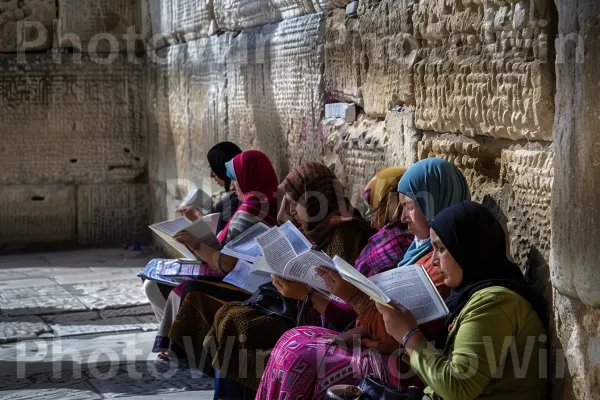 קבוצת נשים מתפללות בכותל המערבי בירושלים, ממדינת ישראל. טיול, רְחוֹב, אירוע