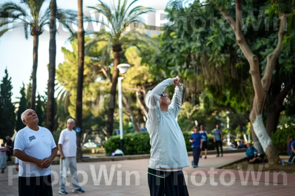 קבוצת קשישים מתעמלת בפארק בחיפה, ממדינת ישראל. עלה, שָׁמַיִם, דקלאים