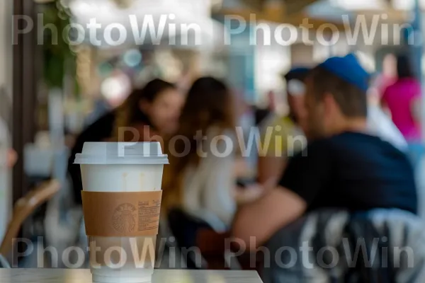 קפה של בוקר בבית קפה תל אביבי שוקק חיים, ממדינת ישראל. שולחן, גָבִיעַ, שרוול כוס קפה