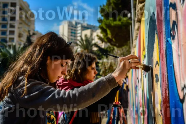 אמן רחוב מצייר ציור קיר בחיפה, ממדינת ישראל. יד, שְׁעוֹת הַיוֹם, שָׁמַיִם