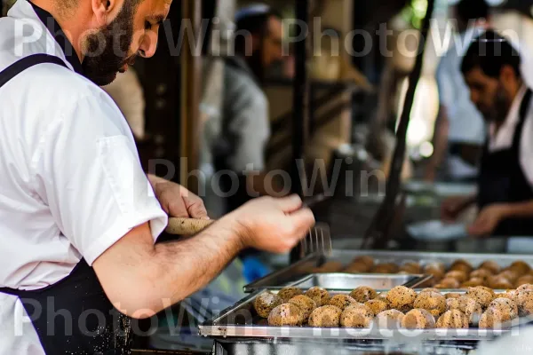 שף מכין פלאפל בשוק רחוב, ממדינת ישראל. מתכון, מִטְבָּח, שׁוּק